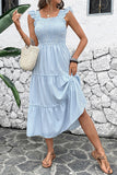 Blue Striped Square Neck Midi Summer Dress