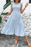 Blue Striped Square Neck Midi Summer Dress