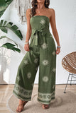 Army Green Strapless Printed Jumpsuit With Sash
