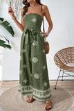Army Green Strapless Printed Jumpsuit With Sash