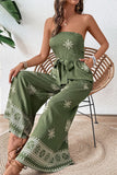 Army Green Strapless Printed Jumpsuit With Sash