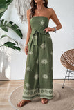 Army Green Strapless Printed Jumpsuit With Sash