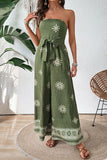 Army Green Strapless Printed Jumpsuit With Sash