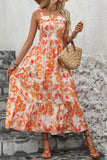Orange Printed Square Neck Midi Summer Dress