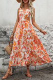 Orange Printed Square Neck Midi Summer Dress