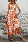 Orange Printed Square Neck Midi Summer Dress