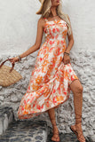 Orange Printed Square Neck Midi Summer Dress