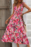 Fuchsia Floral V Neck Midi Summer Dress