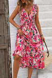Fuchsia Floral V Neck Midi Summer Dress