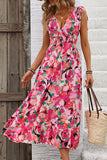 Fuchsia Floral V Neck Midi Summer Dress