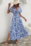 Blue A Line Printed Summer Dress With Slit