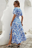 Blue A Line Printed Summer Dress With Slit