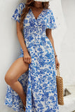 Blue A Line Printed Summer Dress With Slit
