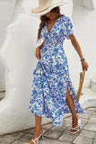 Blue A Line Printed Summer Dress With Slit
