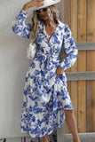 Long Sleeve Lapel Blue Printed Summer Dress