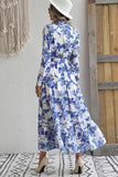 Long Sleeve Lapel Blue Printed Summer Dress