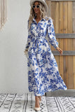 Long Sleeve Lapel Blue Printed Summer Dress
