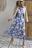 Long Sleeve Lapel Blue Printed Summer Dress