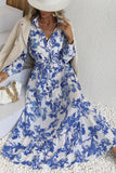 Long Sleeve Lapel Blue Printed Summer Dress