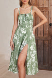 Green Spaghetti Straps Printed Summer Dress With Slit
