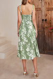Green Spaghetti Straps Printed Summer Dress With Slit