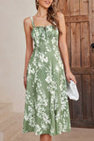 Green Spaghetti Straps Printed Summer Dress With Slit