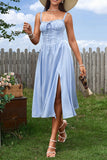 Blue A Line Corset Summer Dress With Slit