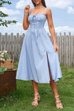 Blue A Line Corset Summer Dress With Slit