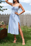 Blue A Line Corset Summer Dress With Slit
