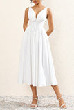 Simple White A Line Midi Summer Dress With Bow