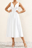 Simple White A Line Midi Summer Dress With Bow