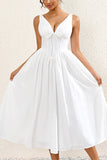 Simple White A Line Midi Summer Dress With Bow
