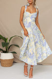 Yellow Blue Flower A Line Long Summer Dress