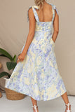 Yellow Blue Flower A Line Long Summer Dress