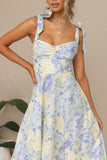 Yellow Blue Flower A Line Long Summer Dress