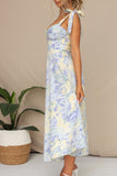 Yellow Blue Flower A Line Long Summer Dress
