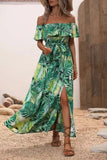 Off The Shoulder Green Orange Printed Summer Dress With Slit
