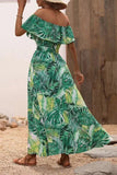 Off The Shoulder Green Orange Printed Summer Dress With Slit