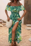 Off The Shoulder Green Orange Printed Summer Dress With Slit