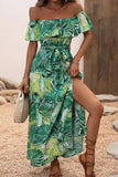 Off The Shoulder Green Orange Printed Summer Dress With Slit