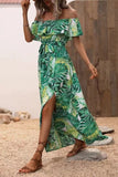 Off The Shoulder Green Orange Printed Summer Dress With Slit