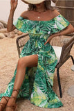 Off The Shoulder Green Orange Printed Summer Dress With Slit