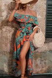 Off The Shoulder Green Orange Printed Summer Dress With Slit