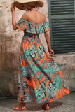 Off The Shoulder Green Orange Printed Summer Dress With Slit