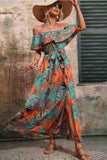 Off The Shoulder Green Orange Printed Summer Dress With Slit