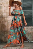 Off The Shoulder Green Orange Printed Summer Dress With Slit