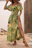 Off The Shoulder Green Orange Printed Summer Dress With Slit
