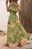 Off The Shoulder Green Orange Printed Summer Dress With Slit