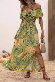 Off The Shoulder Green Orange Printed Summer Dress With Slit
