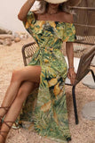 Off The Shoulder Green Orange Printed Summer Dress With Slit